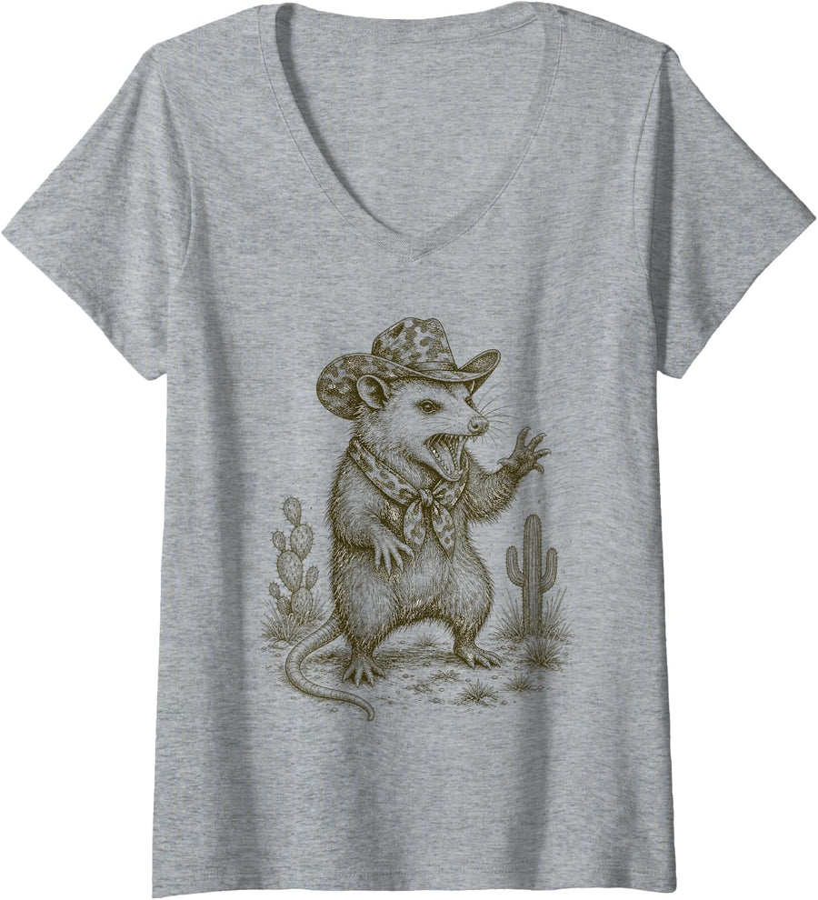 Women's Camo Cowboy Opossum Western Funny Possum V-Neck T-Shirt - Heather Grey