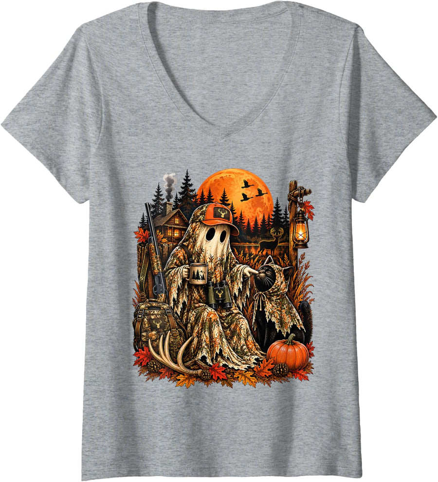 Women's Camo Ghost Duck Hunting Halloween Boo-P Cat Hunter Men Women V-Neck T-Shirt - Heather Grey