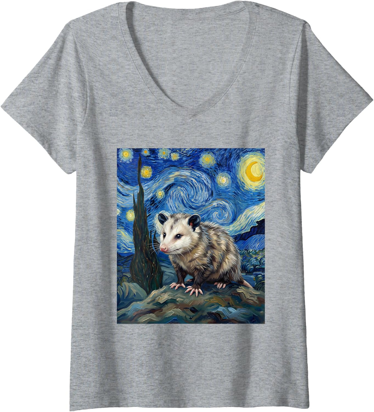 Women's Opossum Possum Van Gogh Starry Night V-Neck T-Shirt - Heather Grey