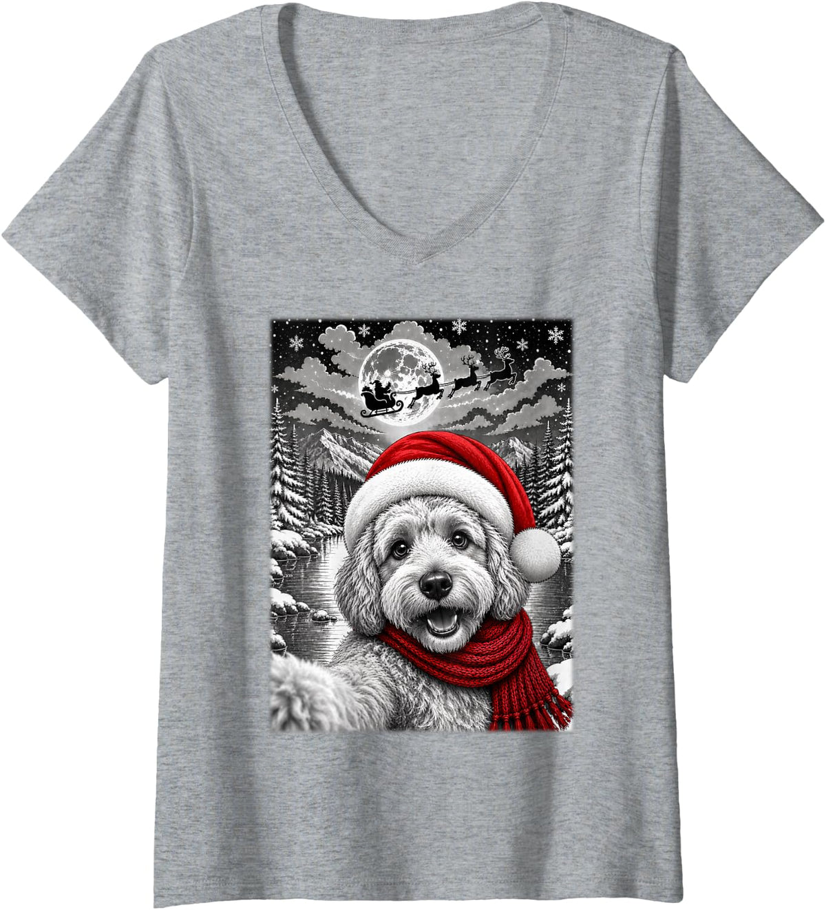 Women's Cockapoo Dog Christmas Selfie Moon Night Starry Sky Xmas V-Neck T-Shirt - Heather Grey