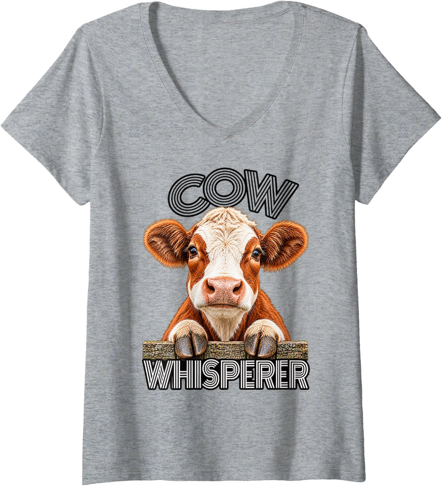Women's Cow Whisperer Funny Sarcastic Cow Lover V-Neck T-Shirt - Heather Grey