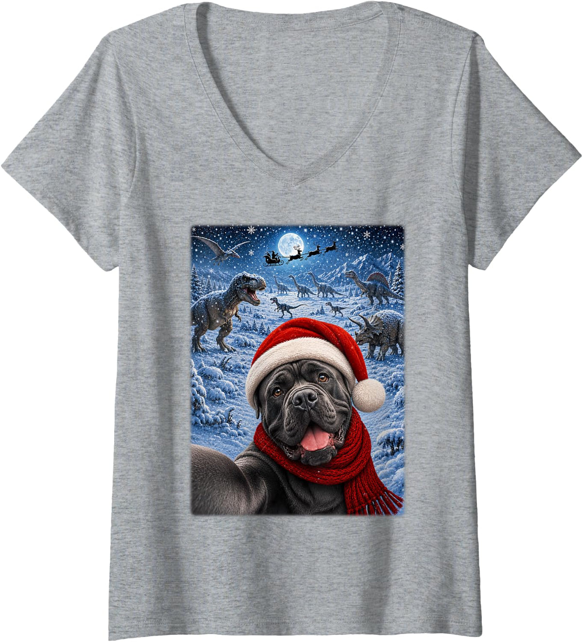 Women's Cane Corso Dog Christmas Moon Night Starry Dinosaurs Xmas V-Neck T-Shirt - Heather Grey