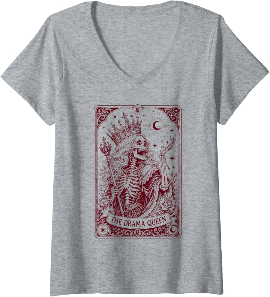 Women's The Drama Queen Tarot Card Besties BFF Coworker Skeleton V-Neck T-Shirt - Heather Grey
