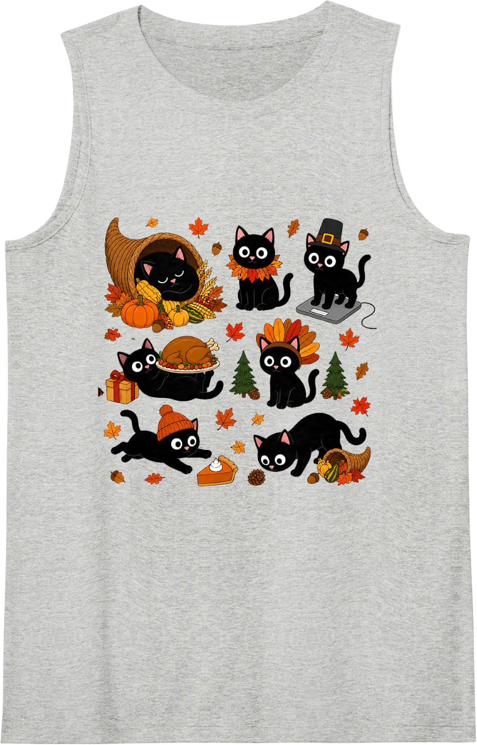 Cute Black Cats Thanksgiving Autumn Fall Cornucopia Turkey Sleeveless Tank Top - Heather Grey