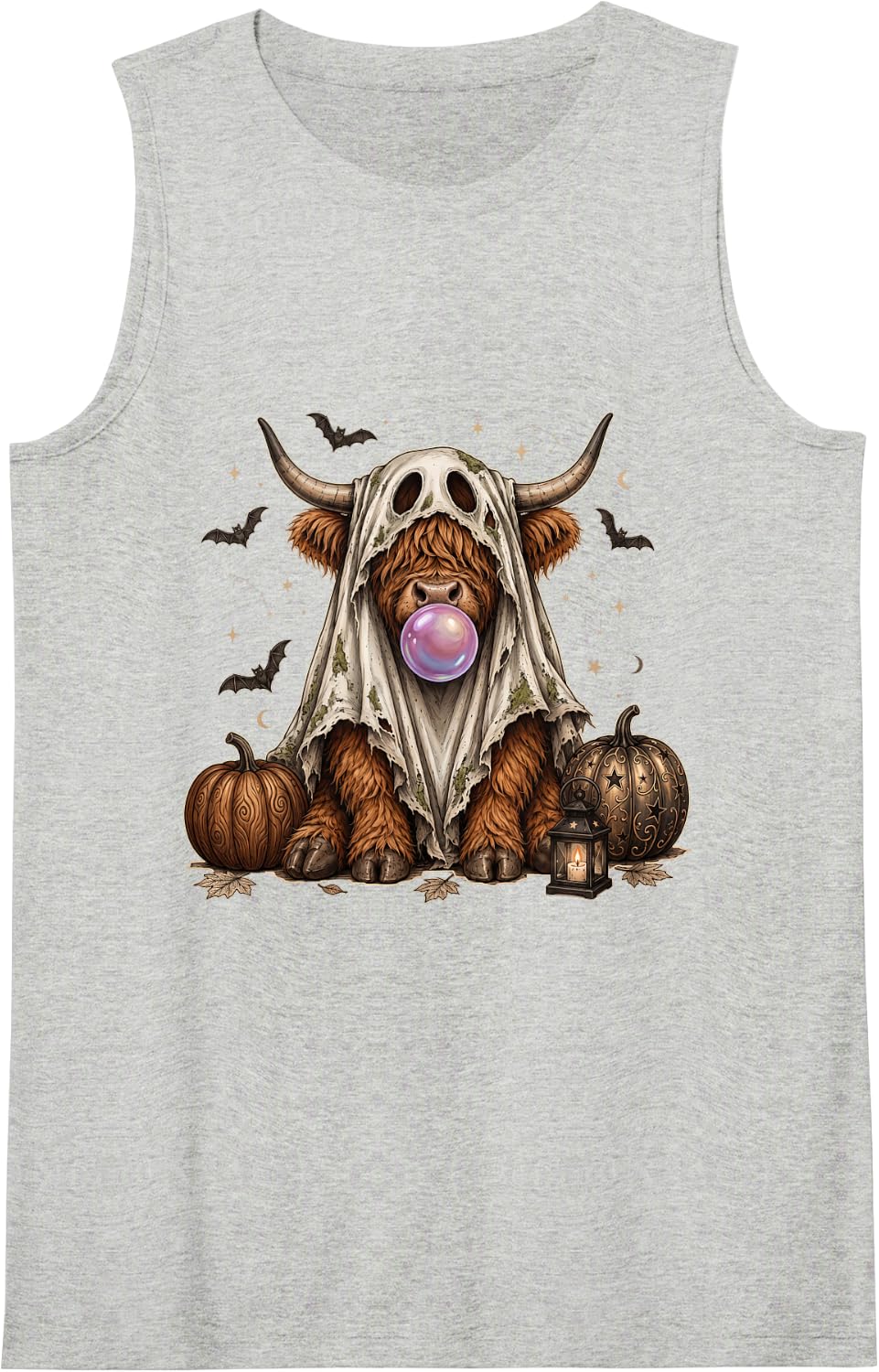 Cute Ghost Costume Highland Cow Bubblegum Funny Halloween Sleeveless Tank Top - Heather Grey