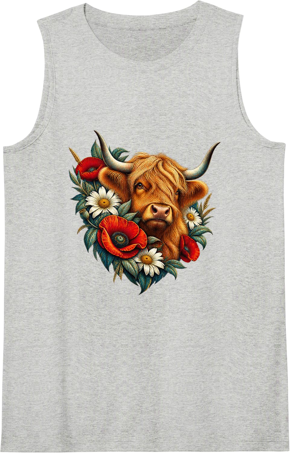 Highland Cow Daisy Vivid Botanical Illustration Sleeveless Tank Top - Heather Grey