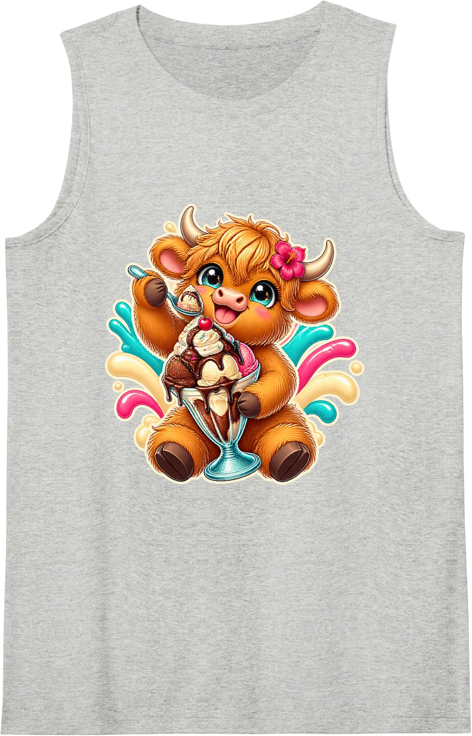Highland Cow with a Tall Chocolate Dessert Sleeveless Tank Top - Heather Grey