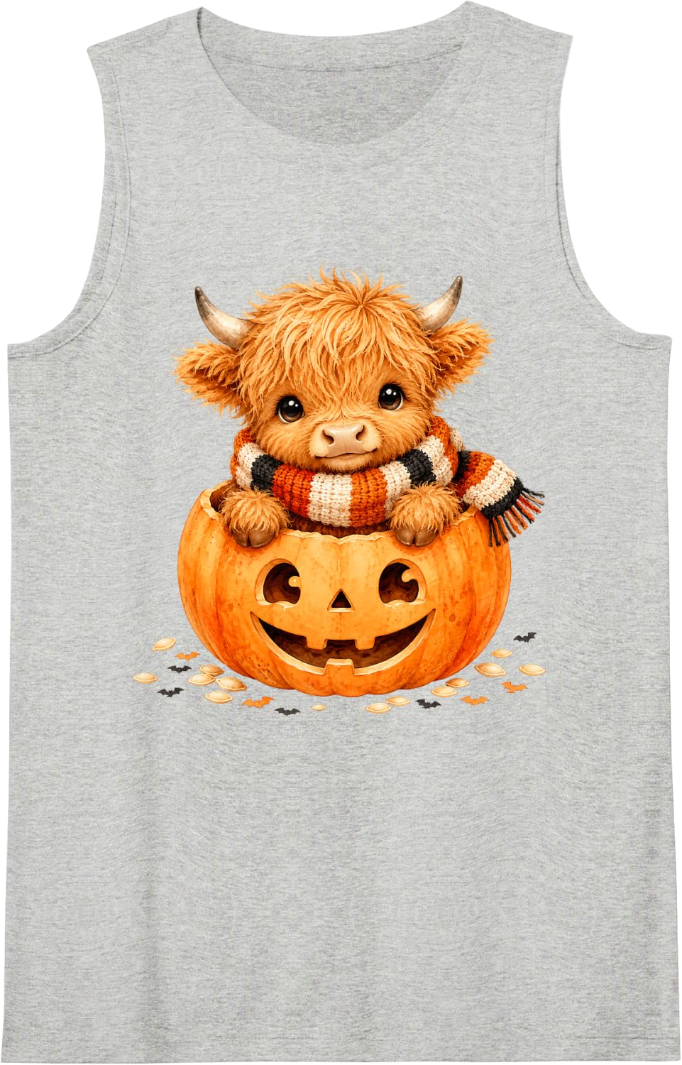 Cute Pumpkin Highland Cow Halloween Jack O Lantern Fall Art Sleeveless Tank Top - Heather Grey