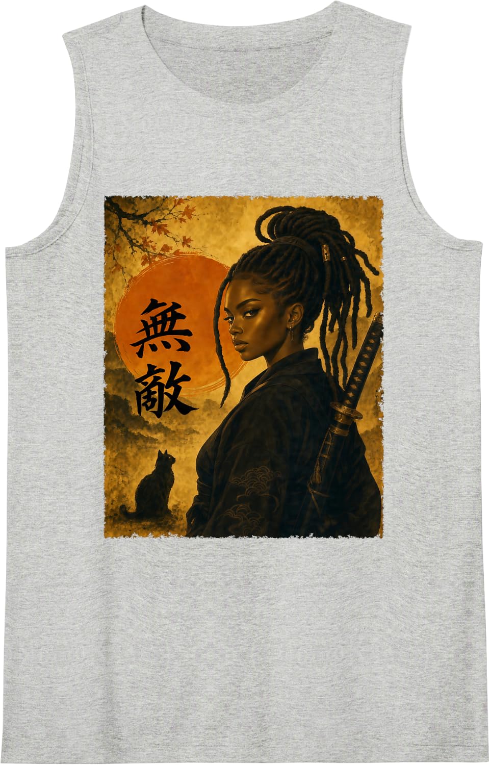 Vintage African American Samurai Black Cat Afro Girl Warrior Sleeveless Tank Top - Heather Grey