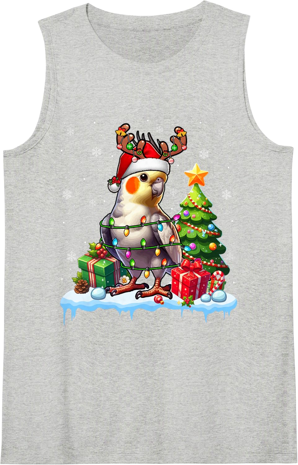 Santa Reindeer Cockatiel Xmas Lights Bird Ornithologist Sleeveless Tank Top - Heather Grey