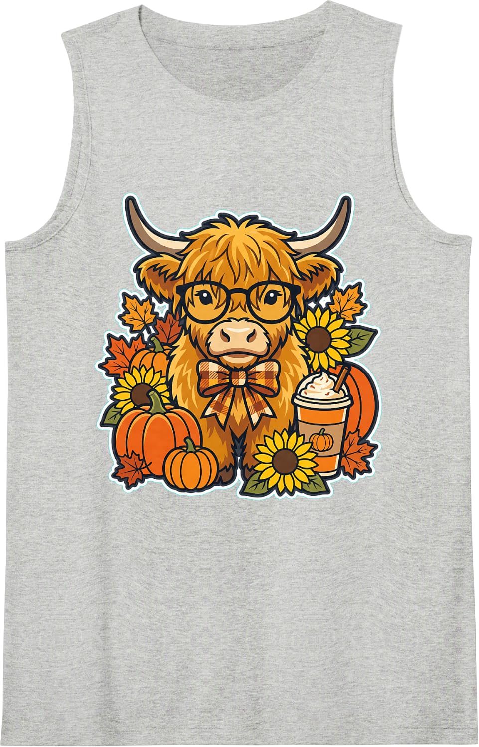 Highland Cow Autumn Pumpkin Spice Latte Sunflower Sleeveless Tank Top - Heather Grey