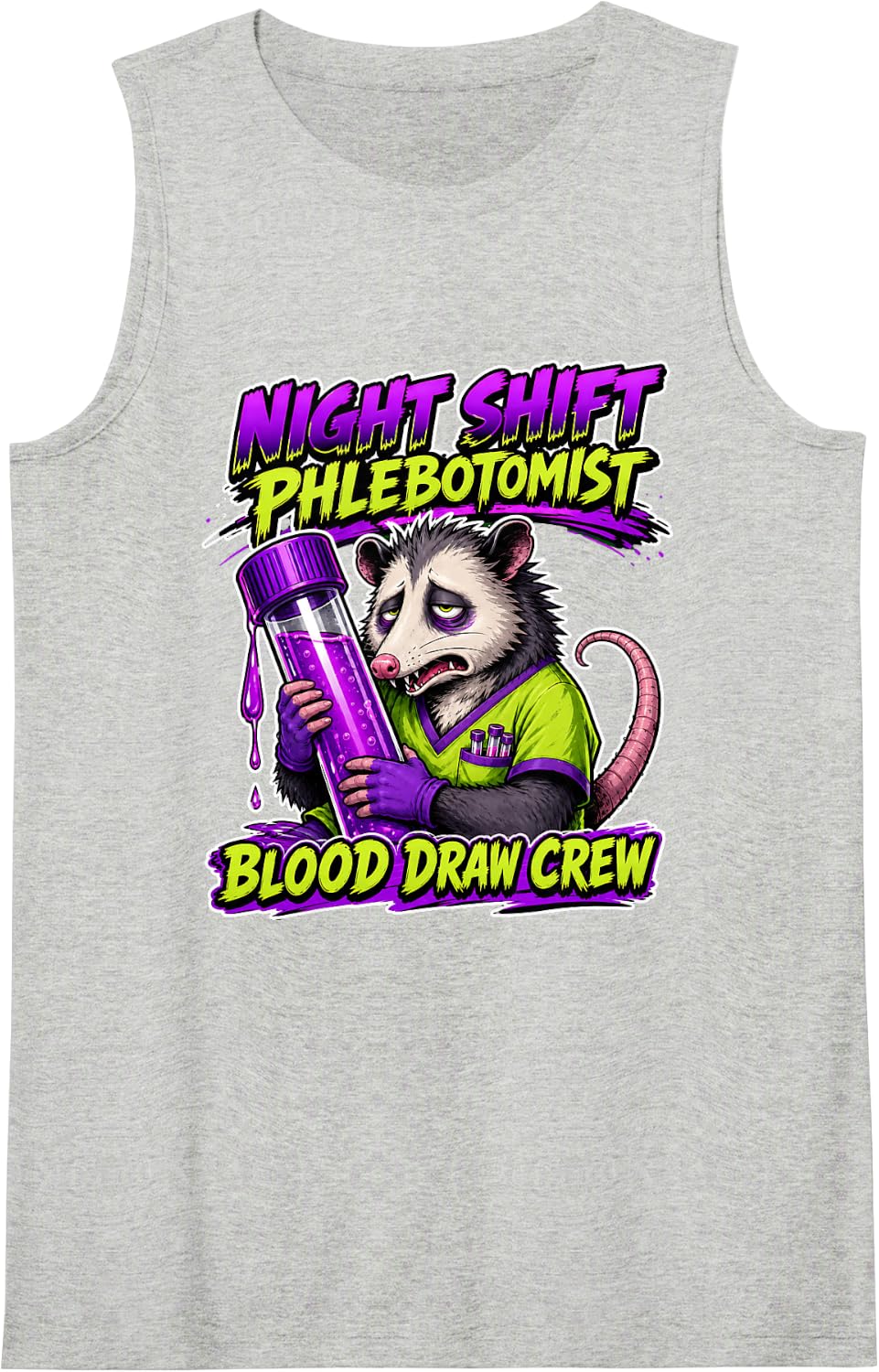 Night Shift Phlebotomist Funny Opossum Blood Draw Crew Sleeveless Tank Top - Heather Grey