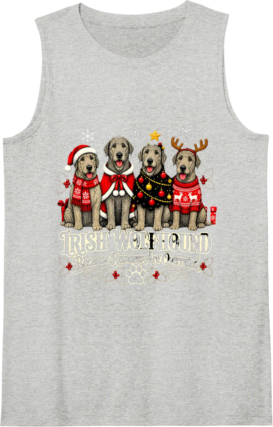 Irish Wolfhound Christmas Because Reindeer are Overrated Sleeveless Tank Top - Heather Grey