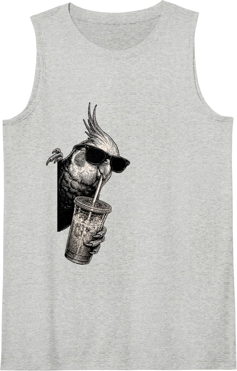 Funny Cockatiel Peeking Drinking Iced Coffee Bird Humor Sleeveless Tank Top - Heather Grey