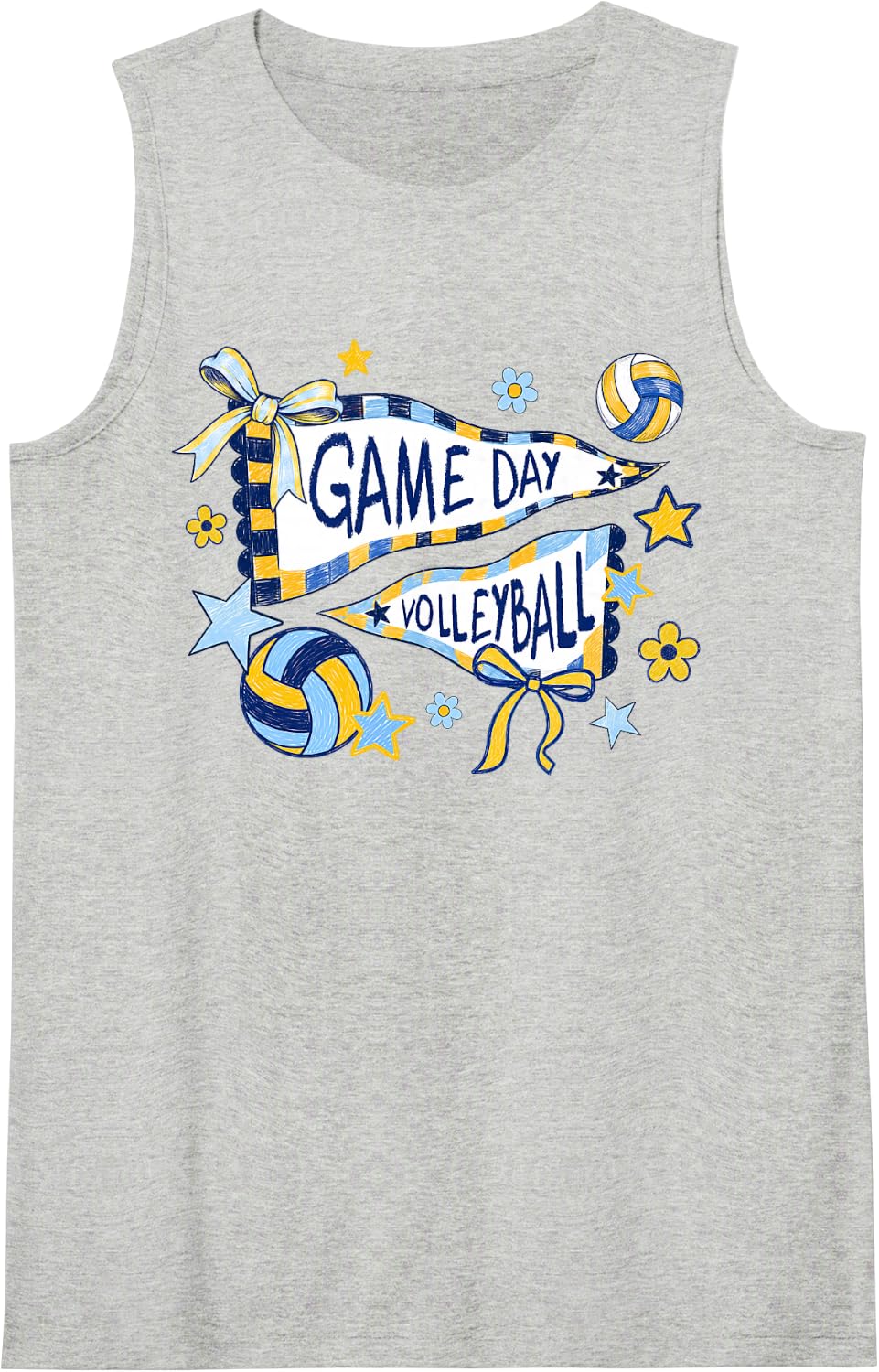 Volleyball Game Day Girls Women Pennant Flag Blue & Yellow Sleeveless Tank Top - Heather Grey