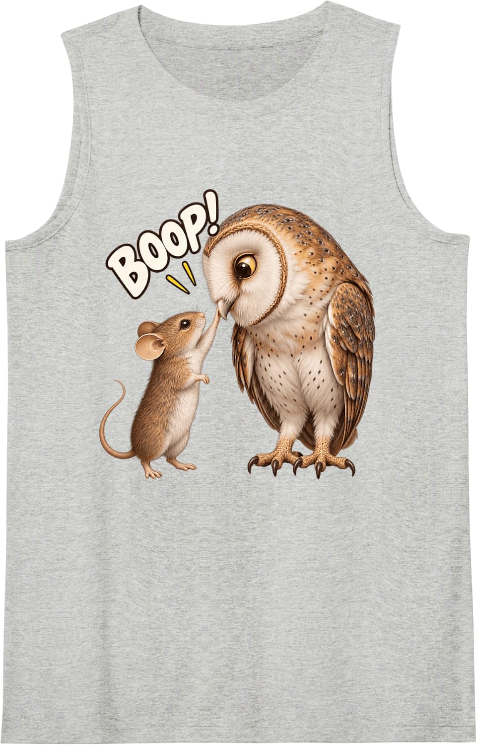 Cute Mouse Booping Barn Owl Nose Funny Animal Lover Graphic Sleeveless Tank Top - Heather Grey