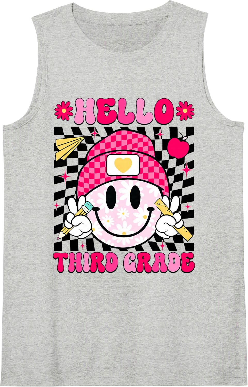 Hello Third Grade Smile Face 3rd Grade Back to School Sleeveless Tank Top - Heather Grey