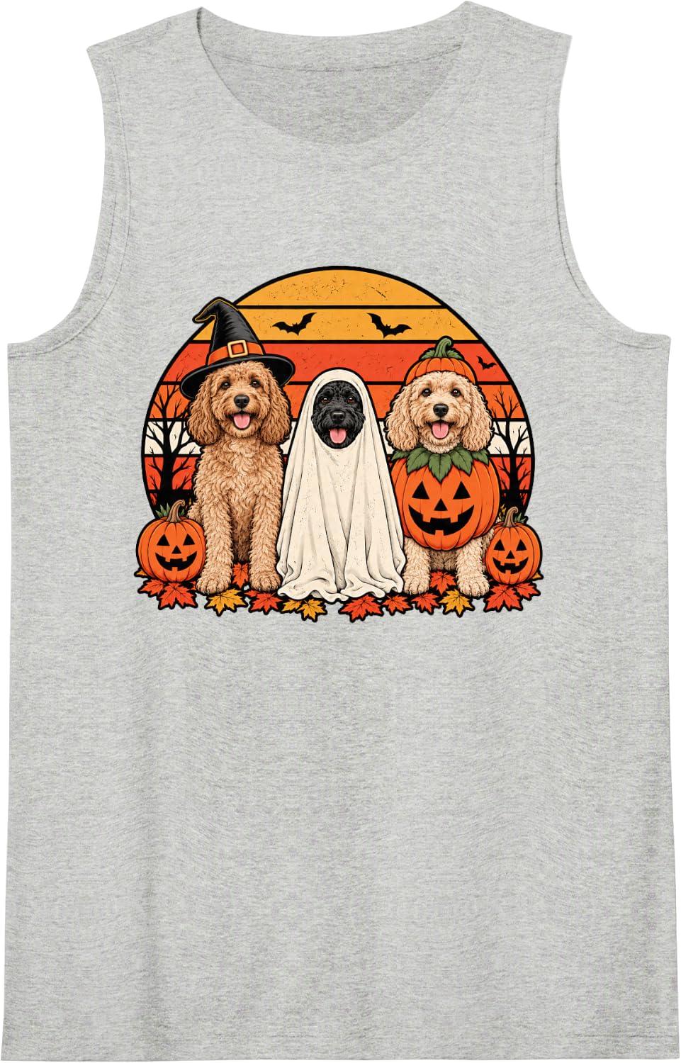 Spooky Cockapoo Pumpkin Ghost Halloween Doodle Dog Lover Sleeveless Tank Top - Heather Grey