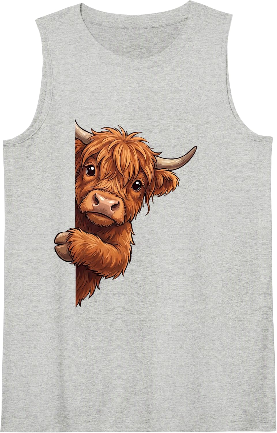 Funny Highland Cow Peeking from Side Wildlife Animal Sleeveless Tank Top - Heather Grey