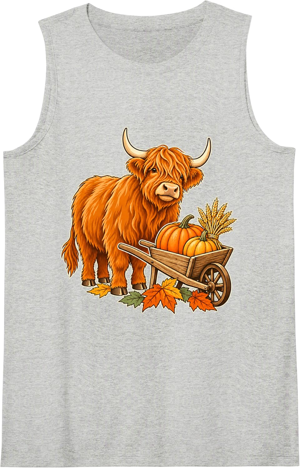 Highland Cow with Pumpkins and Fall Leaves Thanksgiving Sleeveless Tank Top - Heather Grey