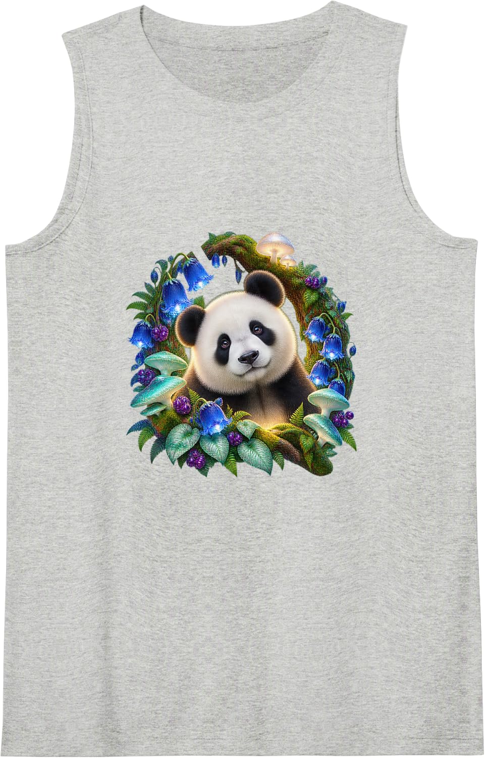Giant Panda with Blue Bellflowers and Mushrooms Sleeveless Tank Top - Heather Grey