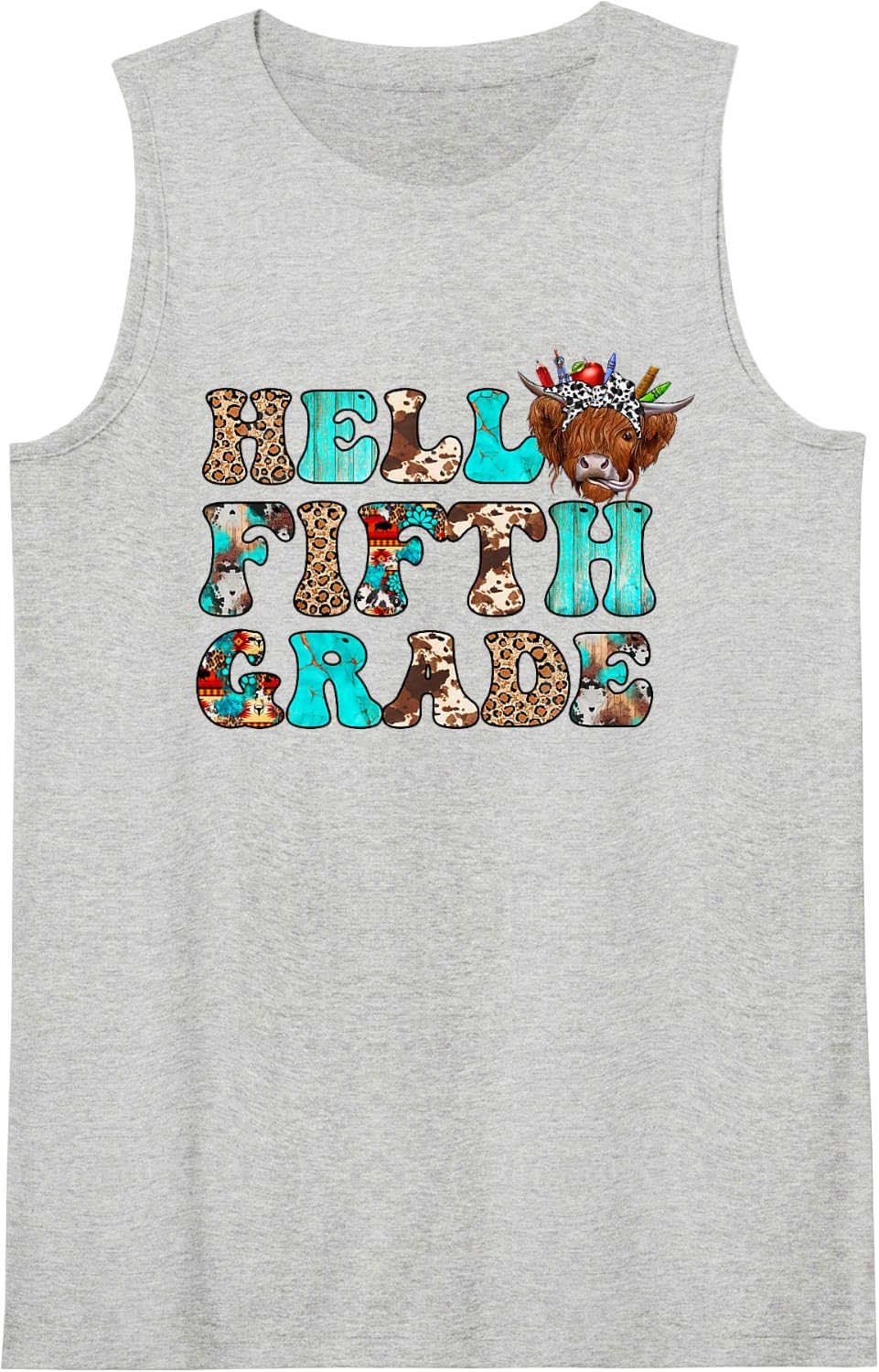 Hello Fifth Grade Team Highland Cow First Day of 5th Grade Sleeveless Tank Top - Heather Grey