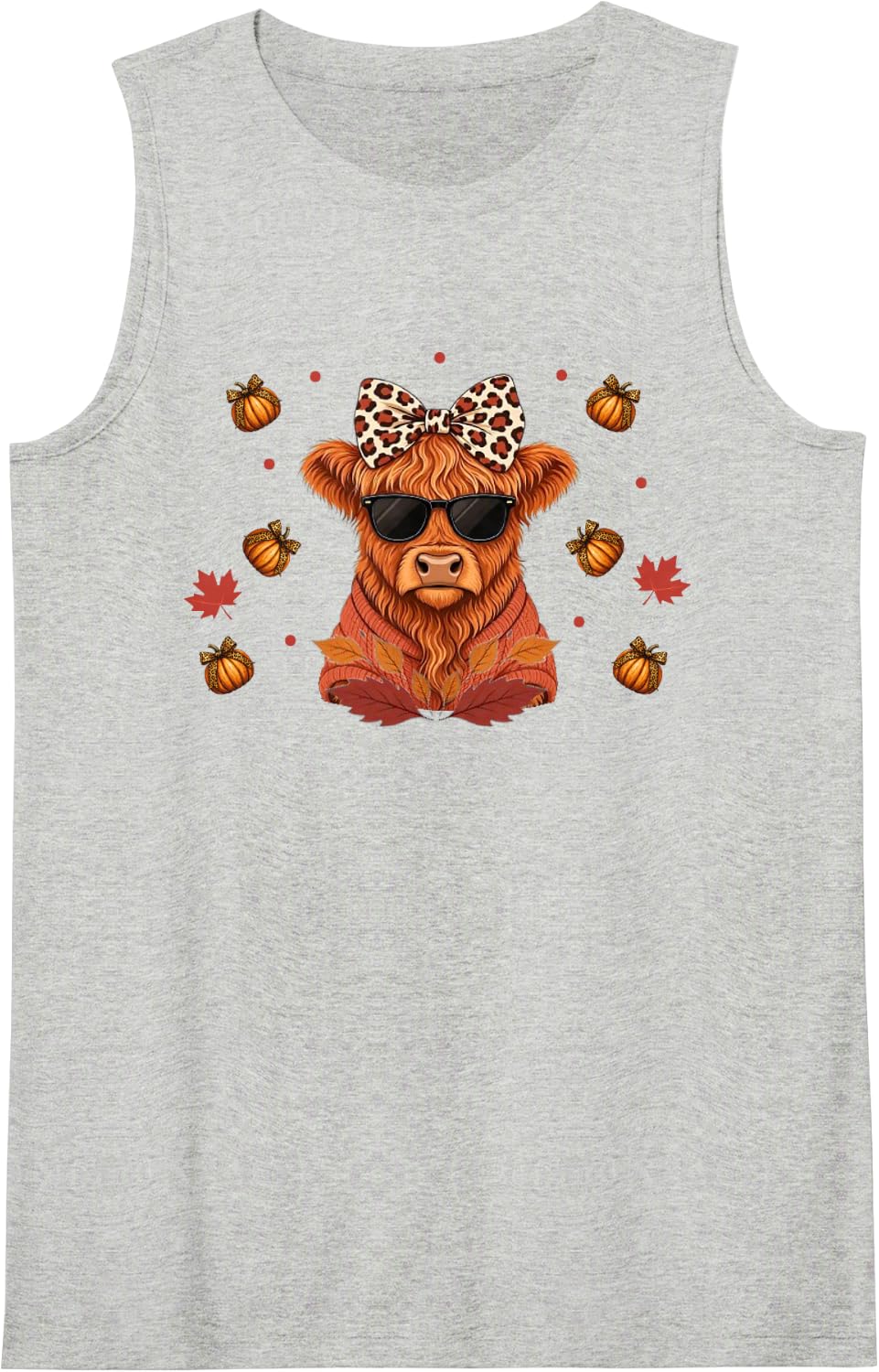 Cute Highland Cow Leopard Bow Fall Autumn Pumpkin Sleeveless Tank Top - Heather Grey