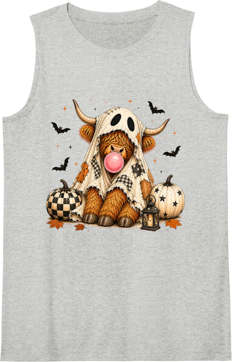 Cute Ghost Highland Cow Halloween Bubble Gum Sleeveless Tank Top - Heather Grey