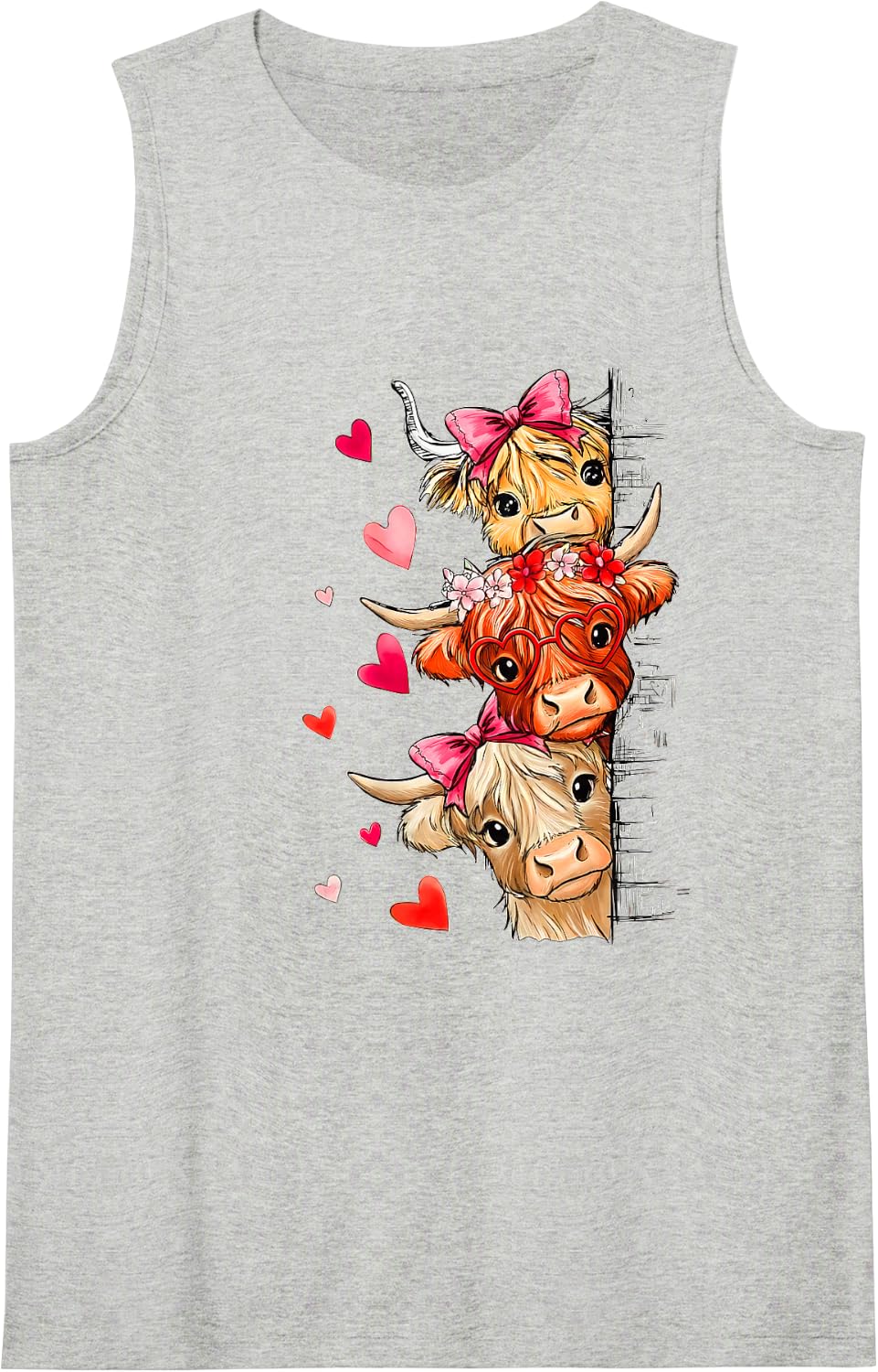 Valentine Highland Cow Sleeveless Tank Top - Heather Grey