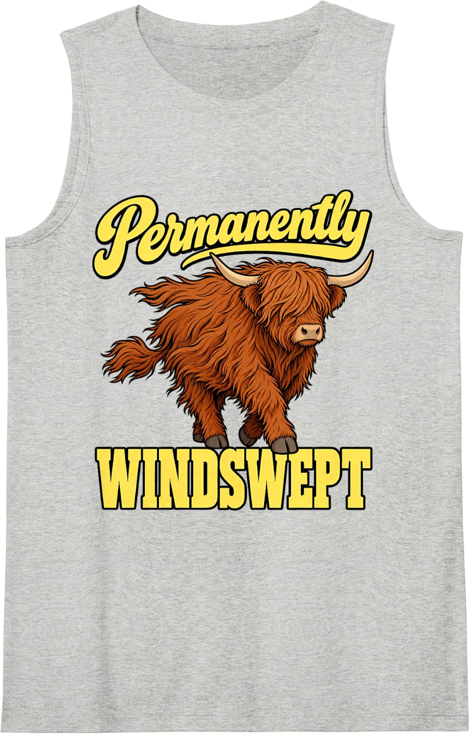 Highland Cow Permanently Windswept Farmhouse Fan Humor Sleeveless Tank Top - Heather Grey