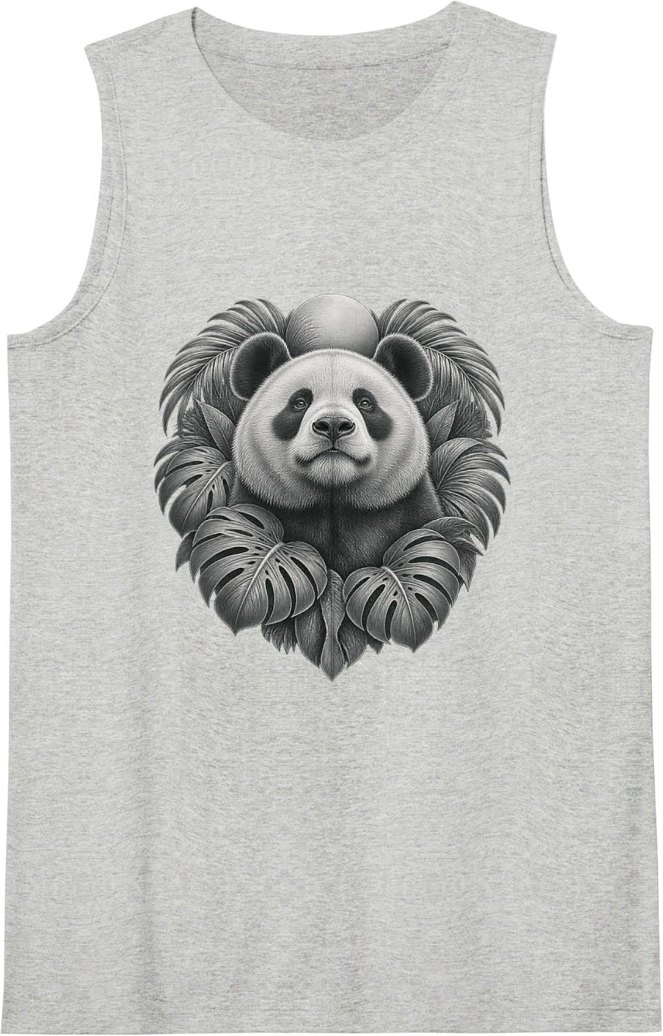 Giant Panda with Monochrome Tropical Leaves and Moon Sleeveless Tank Top - Heather Grey