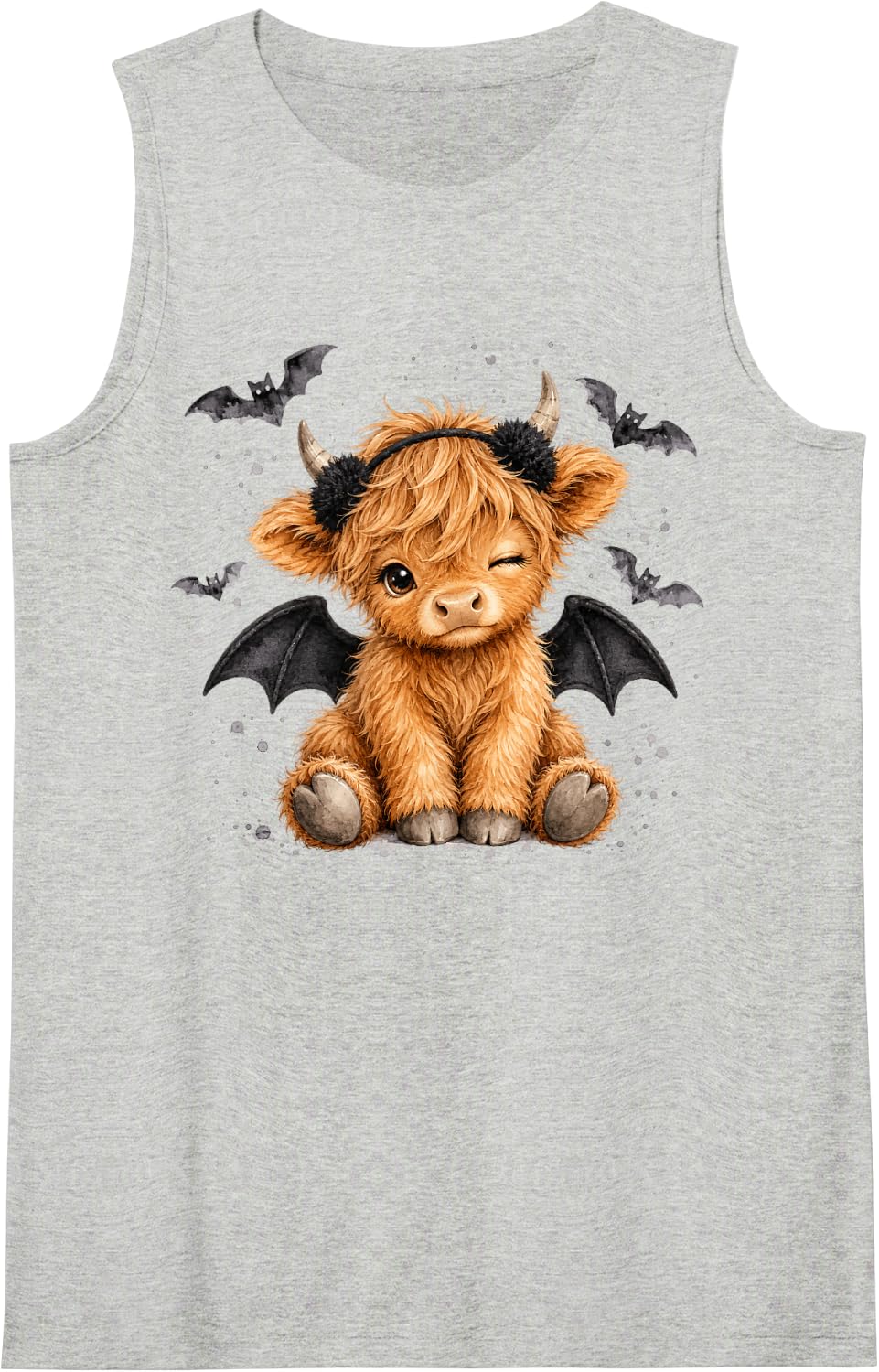 Cute Bat Highland Cow Halloween Gothic Watercolor Art Sleeveless Tank Top - Heather Grey