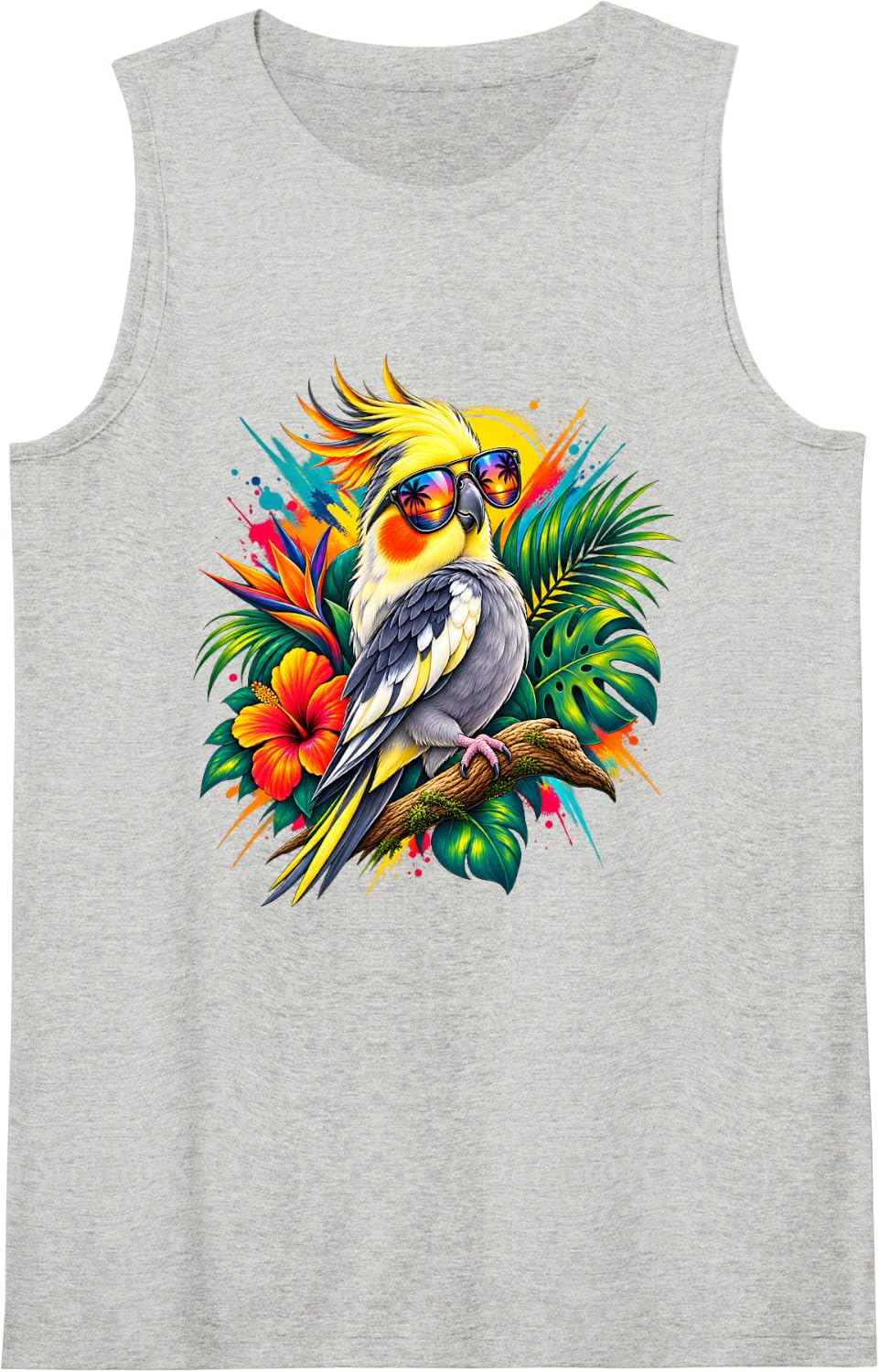 Cockatiel Lover Splash Art Floral Tropical Bird Sleeveless Tank Top - Heather Grey