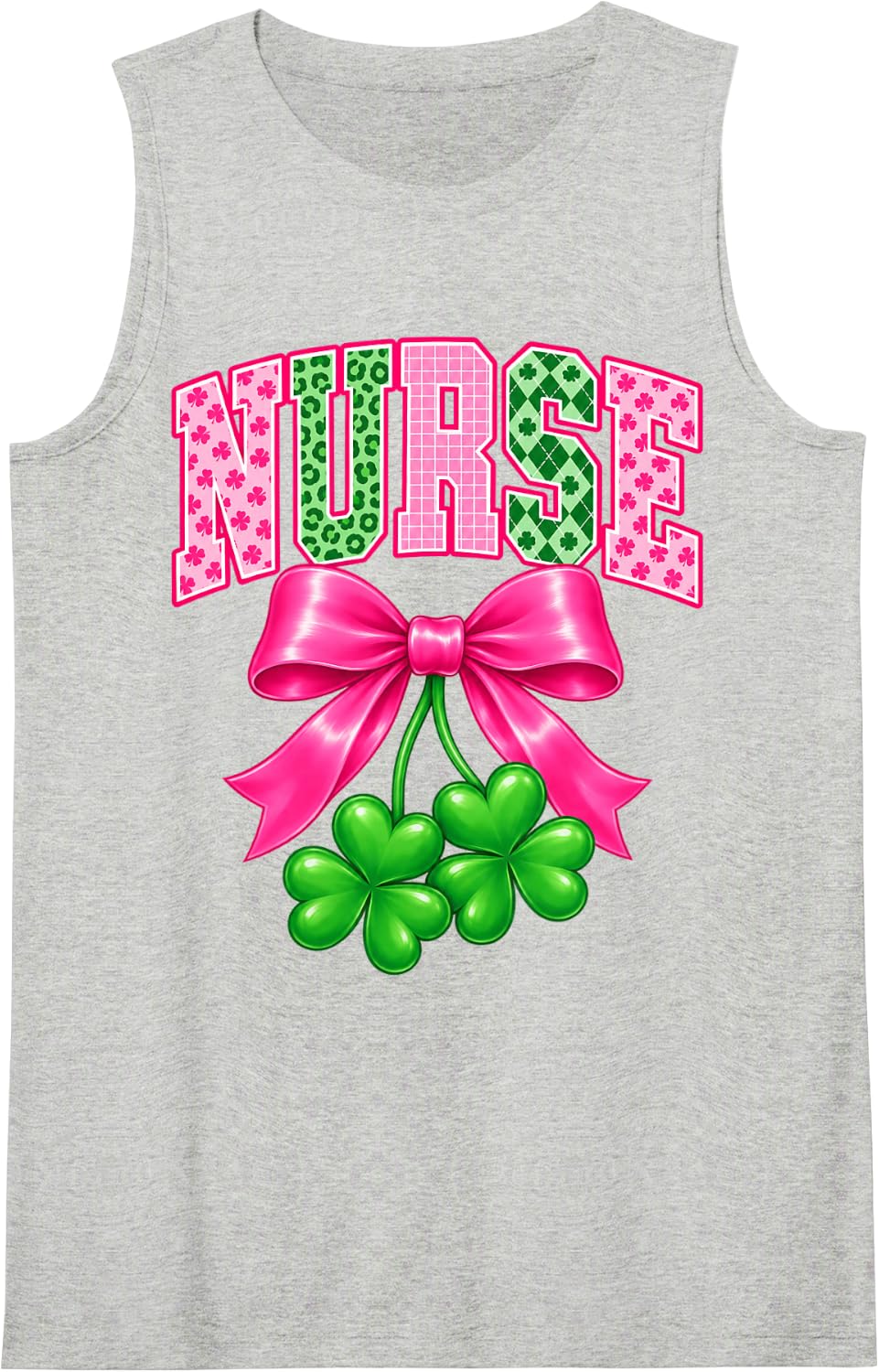 Lucky Shamrock St Patrick's Day Nurse Coquette Bow Cute Sleeveless Tank Top - Heather Grey