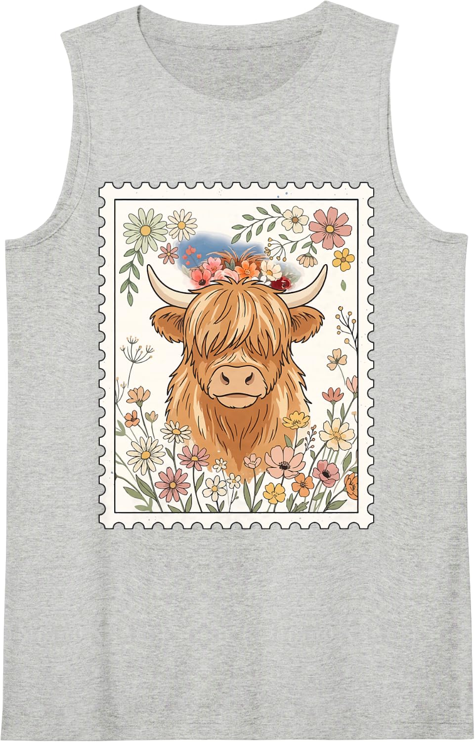 Highland Cow Postage Stamp Sleeveless Tank Top - Heather Grey