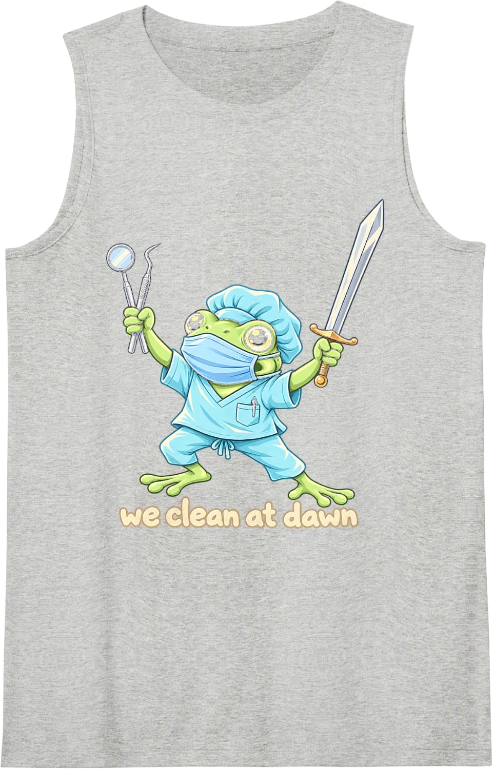Cute Chibi Dental Frog Warrior We Clean At Dawn Sleeveless Tank Top - Heather Grey