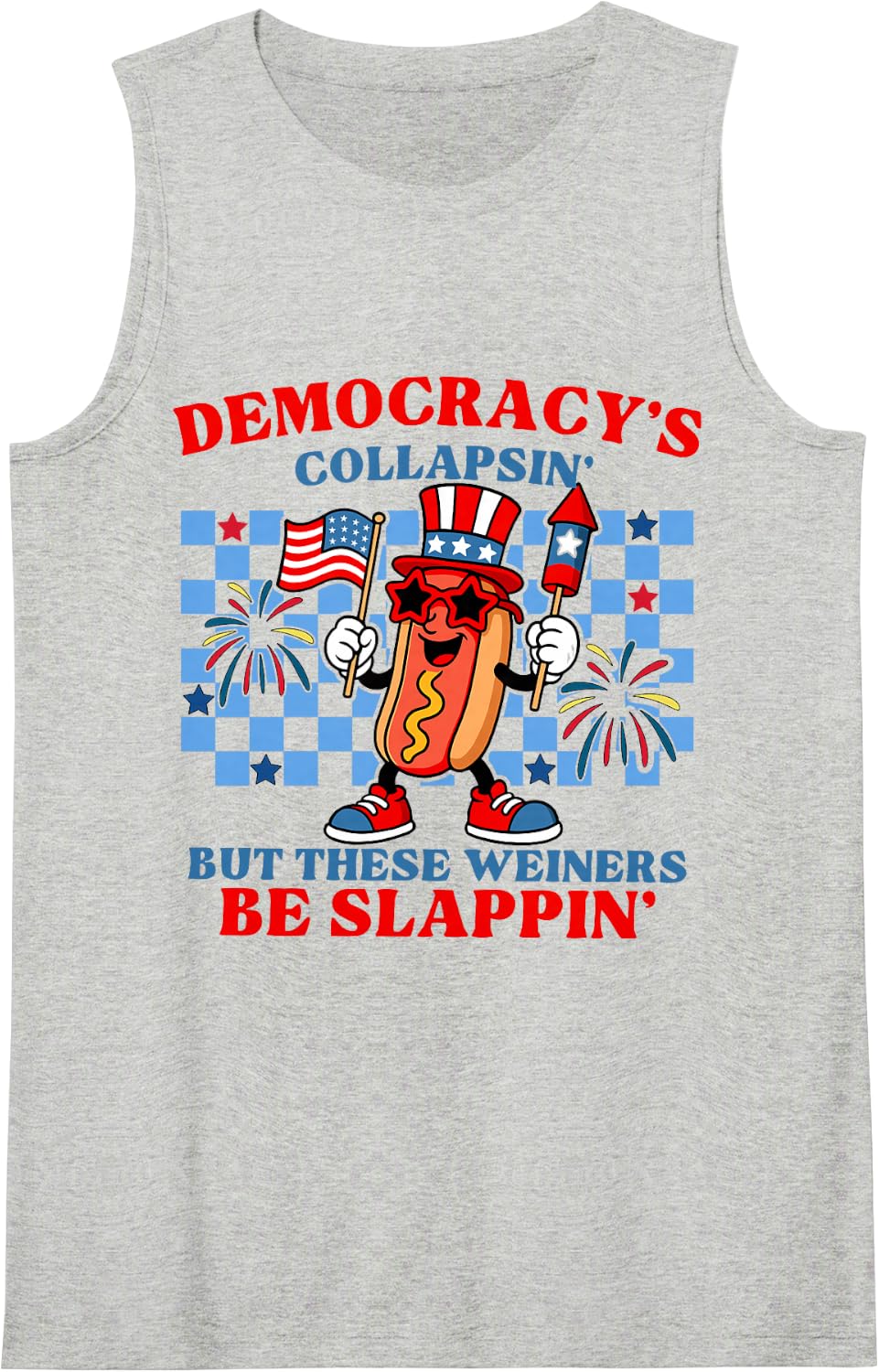 Funny Hot Dog Democracy's Collapsing 4th July Sleeveless Tank Top - Heather Grey