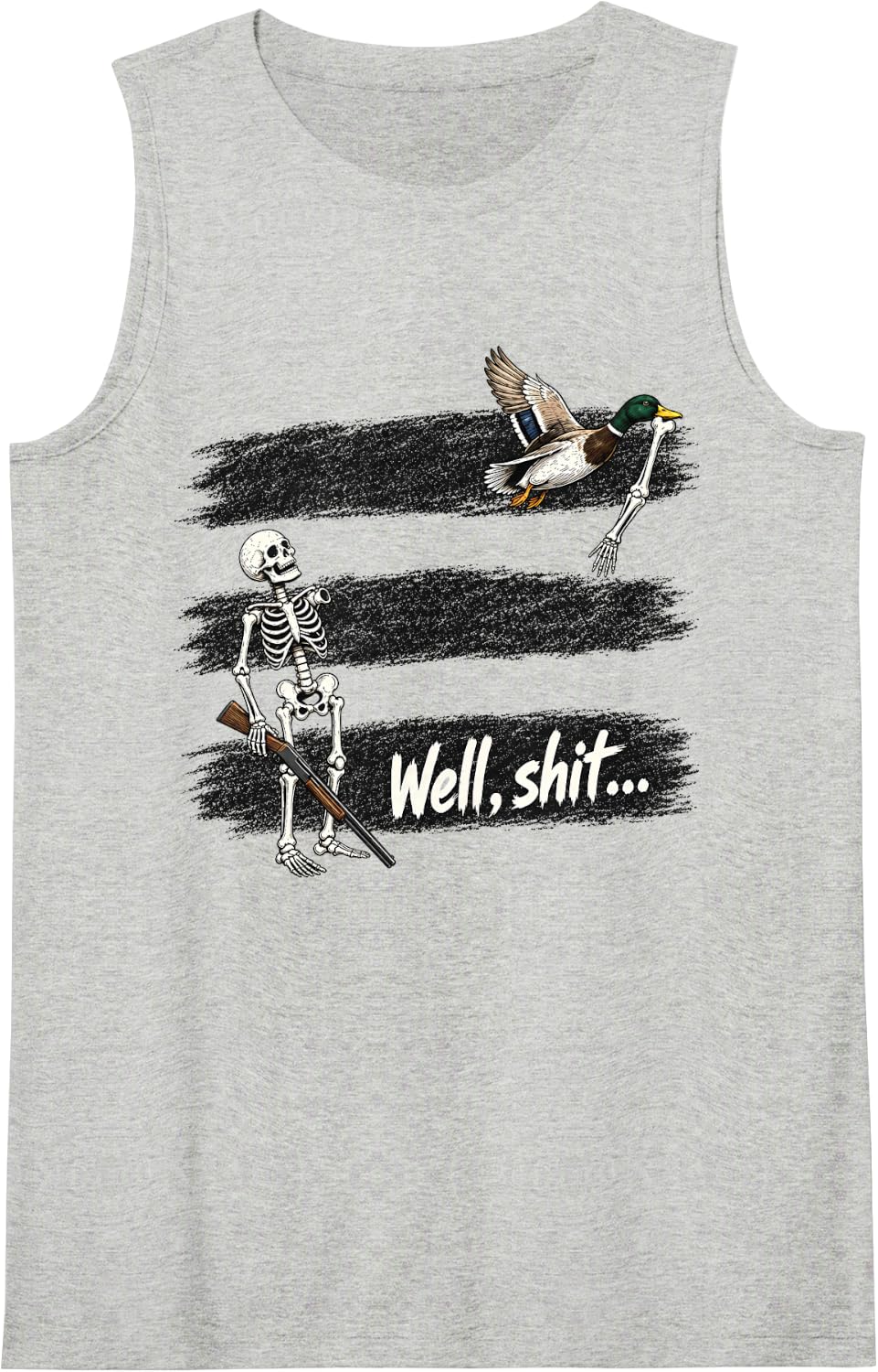 Well Shit Skeleton Hunting Mallard Duck Retro Striped Sleeveless Tank Top - Heather Grey
