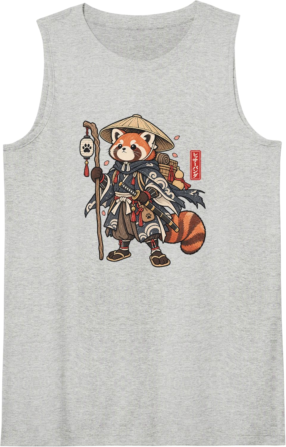 Red Panda Samurai Ronin Japanese Warrior Vintage Art Sleeveless Tank Top - Heather Grey