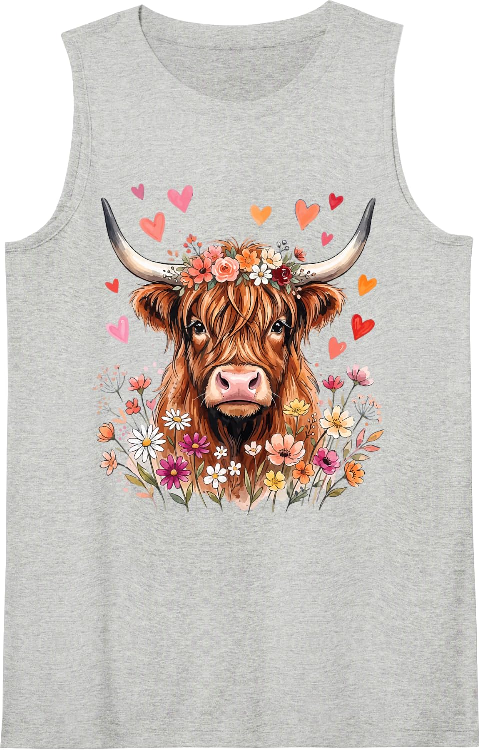 Highland Cow Flowers Sleeveless Tank Top - Heather Grey