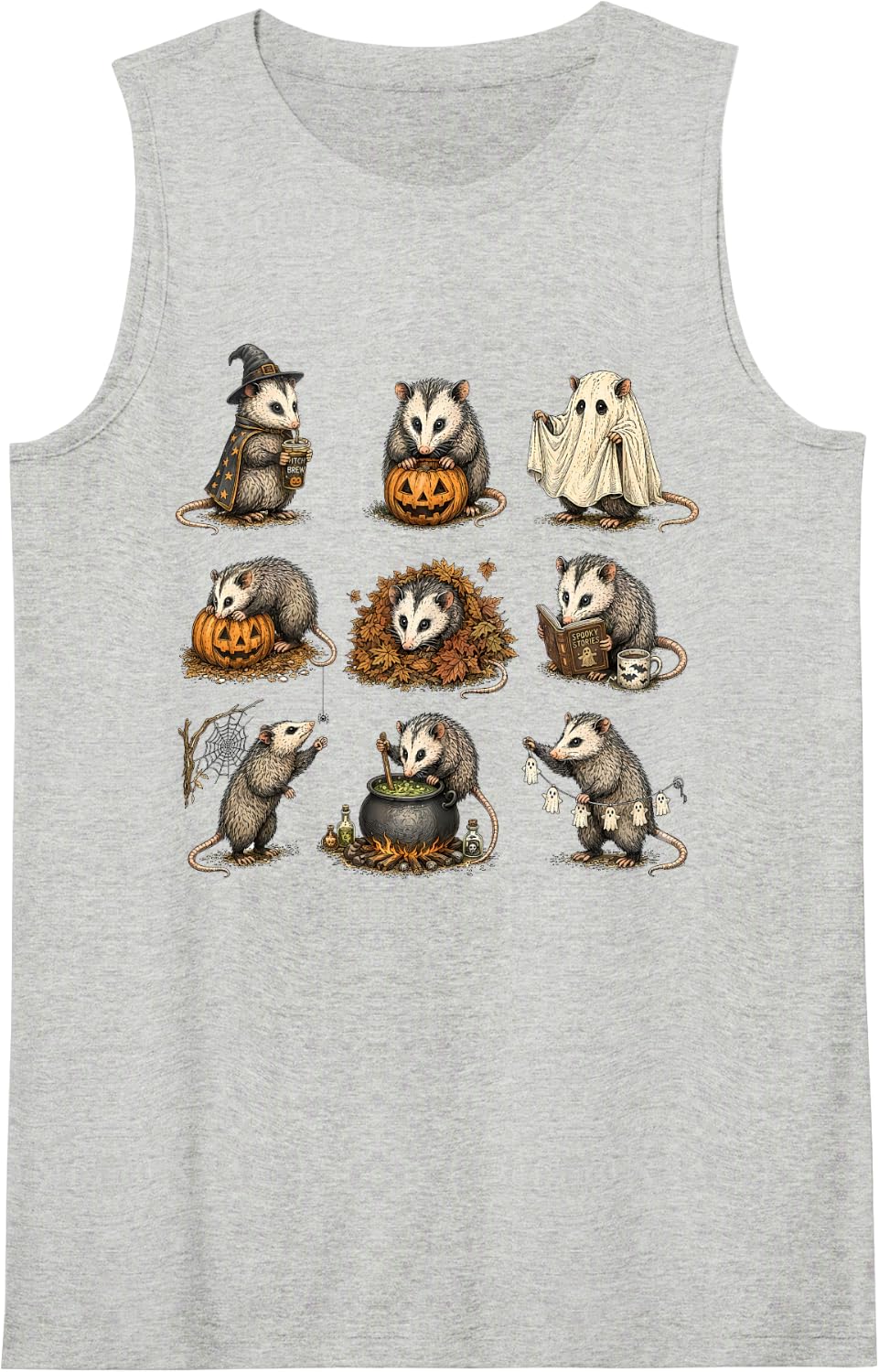 Spooky Opossum Skeleton Mummy Ghost Witchy Possum Halloween Sleeveless Tank Top - Heather Grey