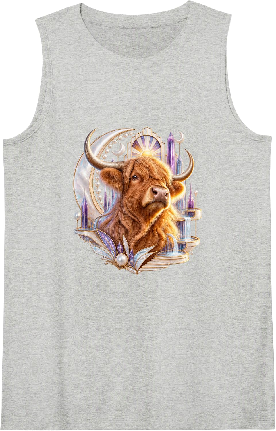 Highland Cow with Moonlit Violet Spires Sleeveless Tank Top - Heather Grey