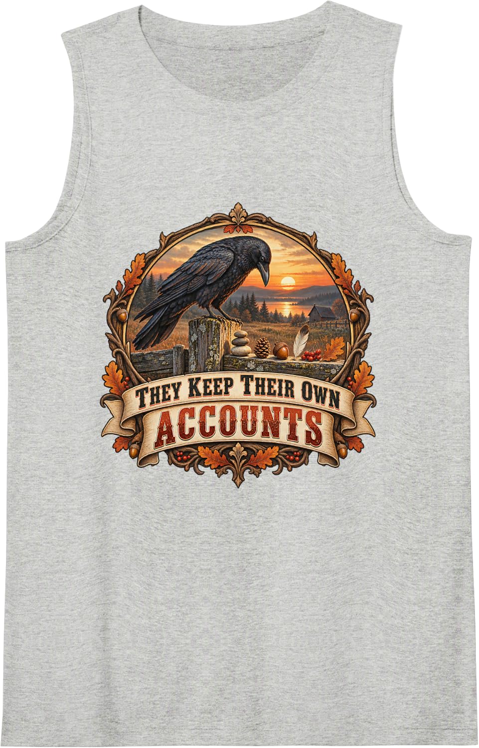 They Keep Their Own Accounts Folk Art Crow Graphic Sleeveless Tank Top - Heather Grey