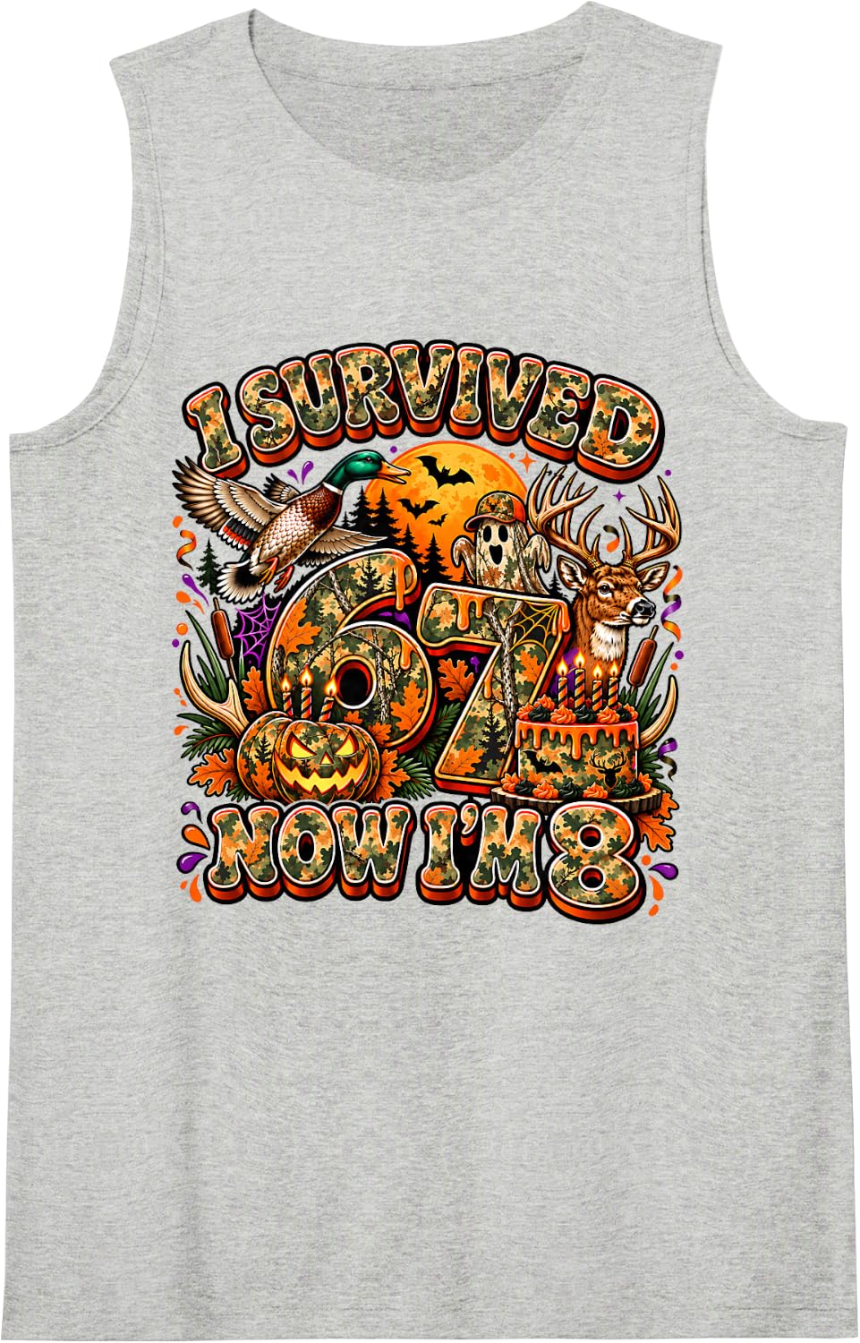 I Survived 6 7 Now I'm 8 Hunting Camo Halloween 8th Birthday Sleeveless Tank Top - Heather Grey