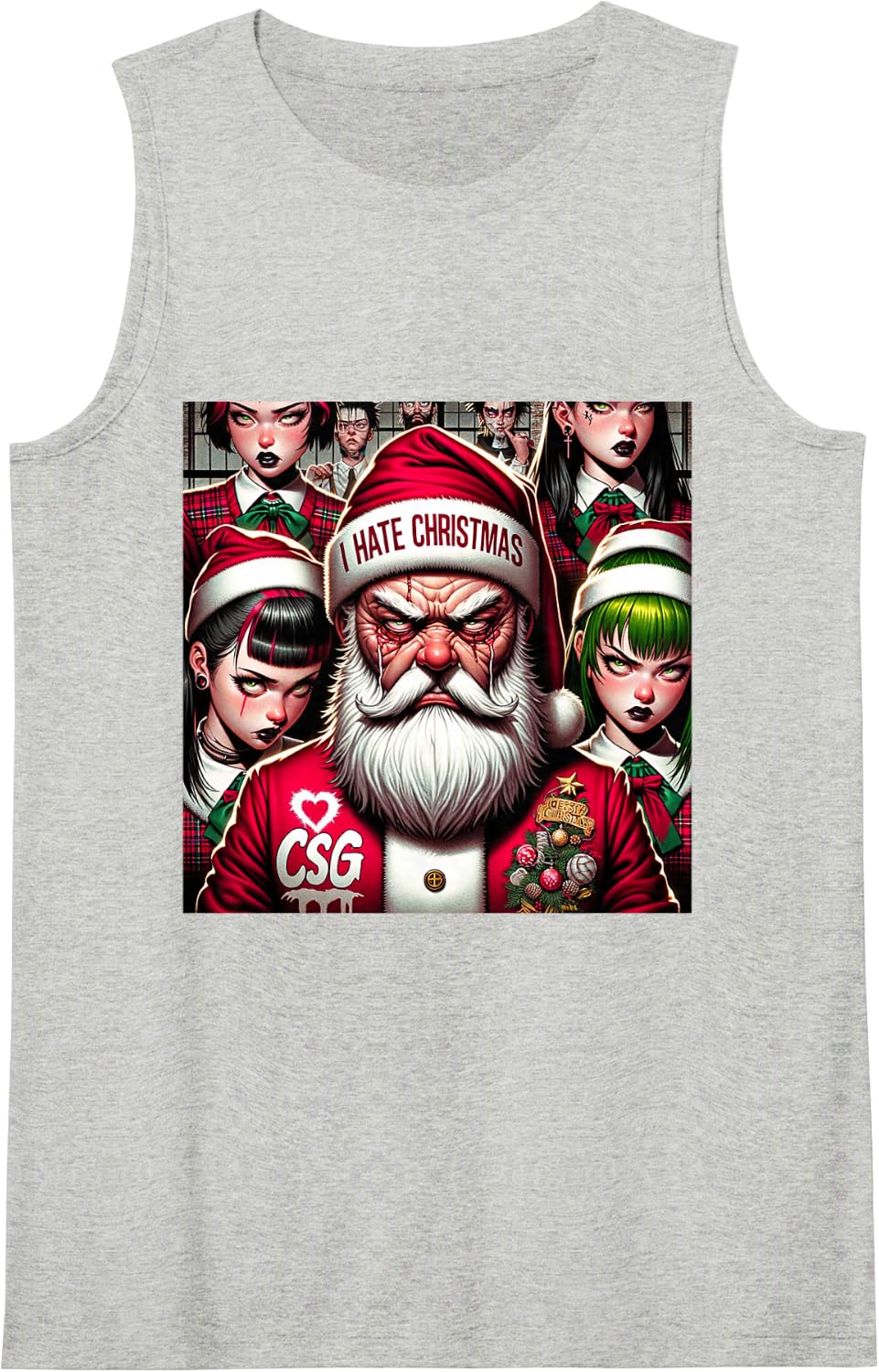 Catholic School Girls I Hate Christmas with Evil Santa Sleeveless Tank Top - Heather Grey