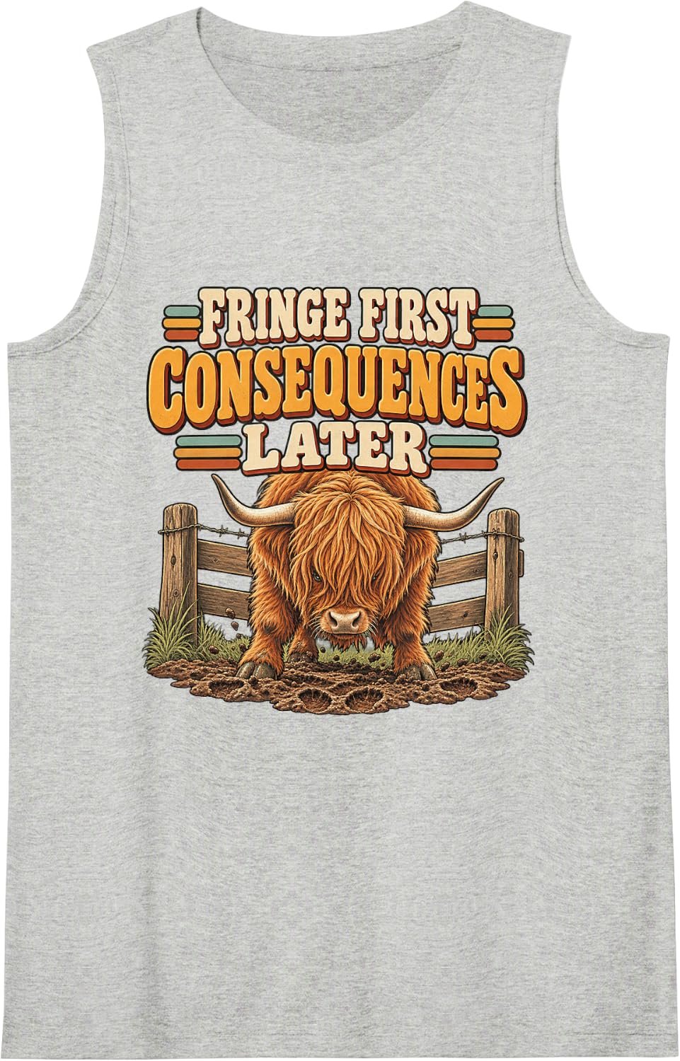 Fringe First Consequences Later Highland Cow Graphic Sleeveless Tank Top - Heather Grey