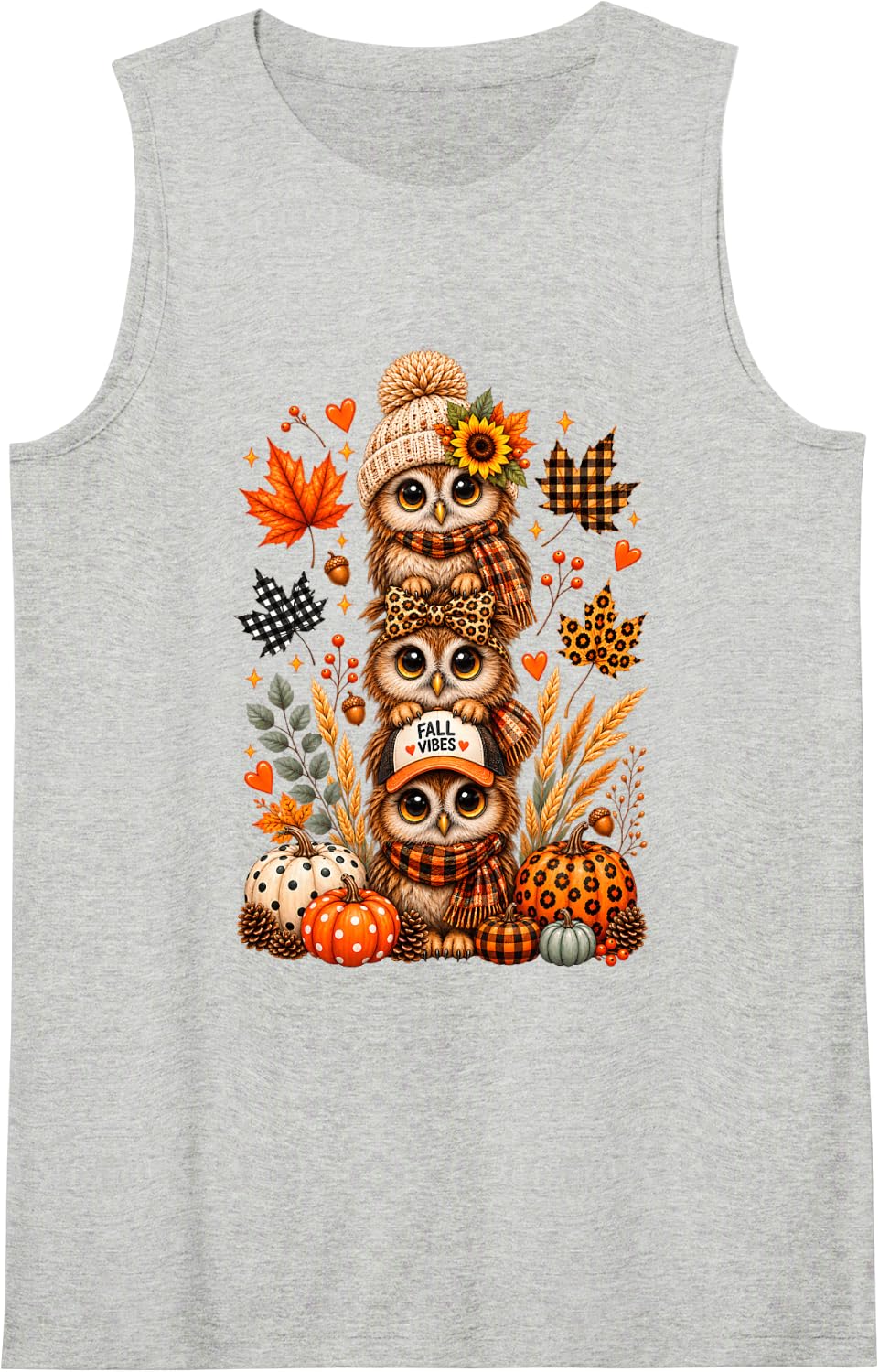 Cute Owl Leopard Bow Fall Autumn Pumpkin for Women Sleeveless Tank Top - Heather Grey