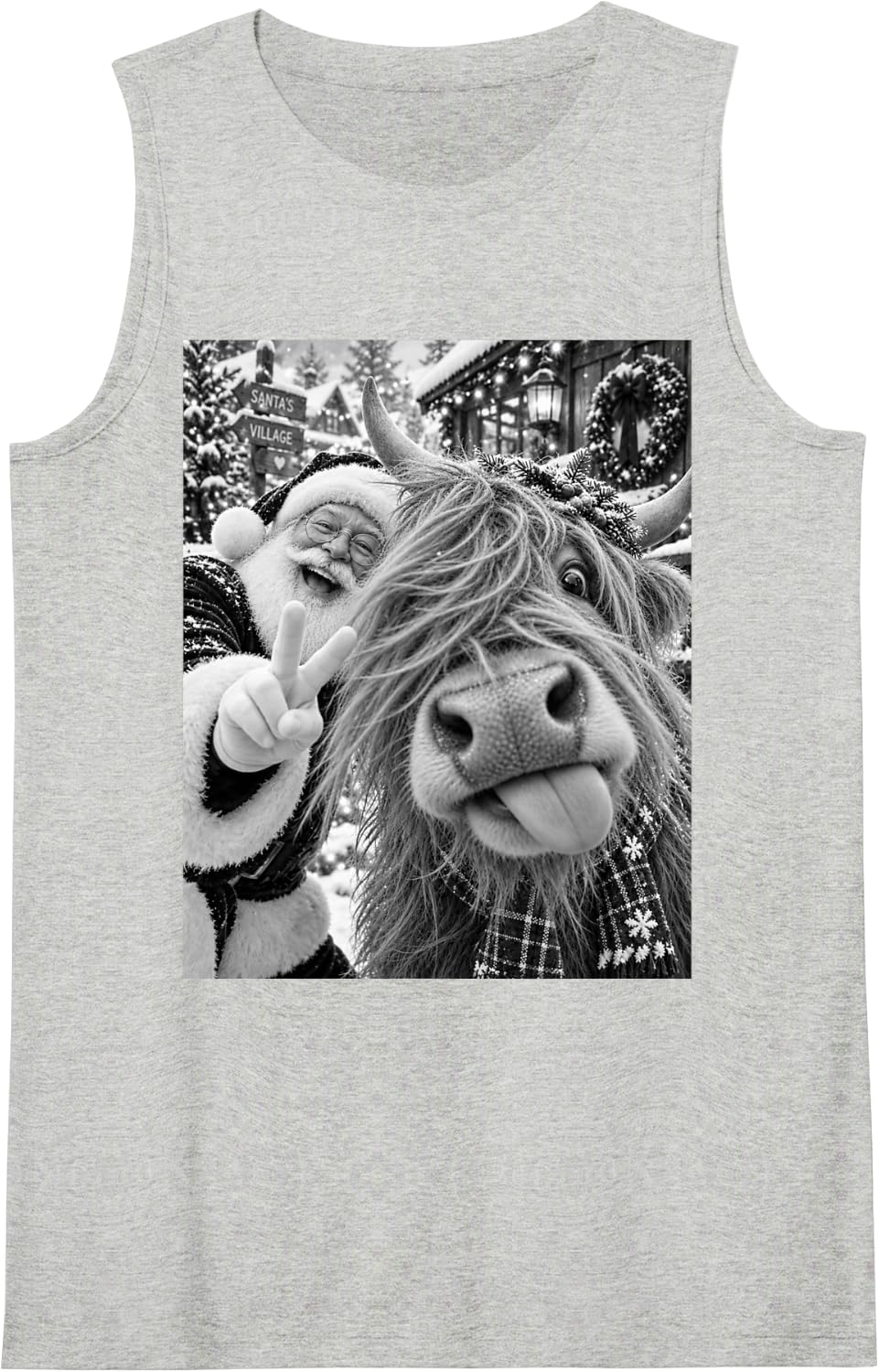 Highland Cow Selfie Christmas Santa Sleeveless Tank Top - Heather Grey