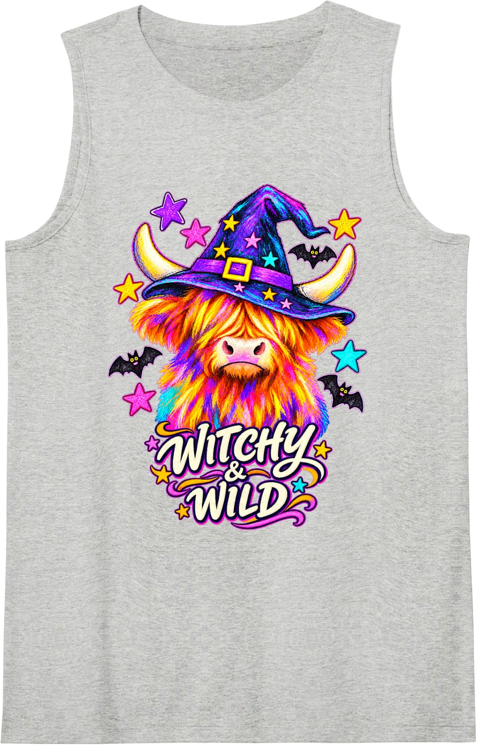 Witchy and Wild Colorful Highland Cow Halloween Art Sleeveless Tank Top - Heather Grey