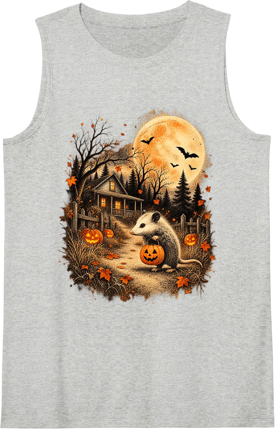 Halloween Opossum Pumpkin Full Moon Spooky Sleeveless Tank Top - Heather Grey